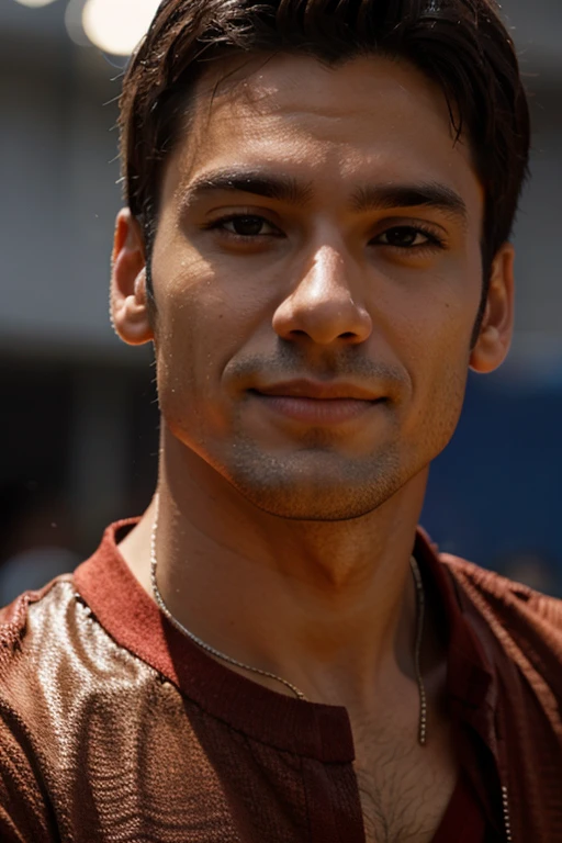He's a Middle Eastern man, Extremely high, with about 1,95 m. His face is striking, with defined features and a well-trimmed beard that accentuates his strong jawline. His eyes are large and deep brown, radiating intensity and charisma. the skin is tanned, and the hair is dark and slightly wavy, elegantly cut. His presence is impressive, combining charm with a confident and noble posture.