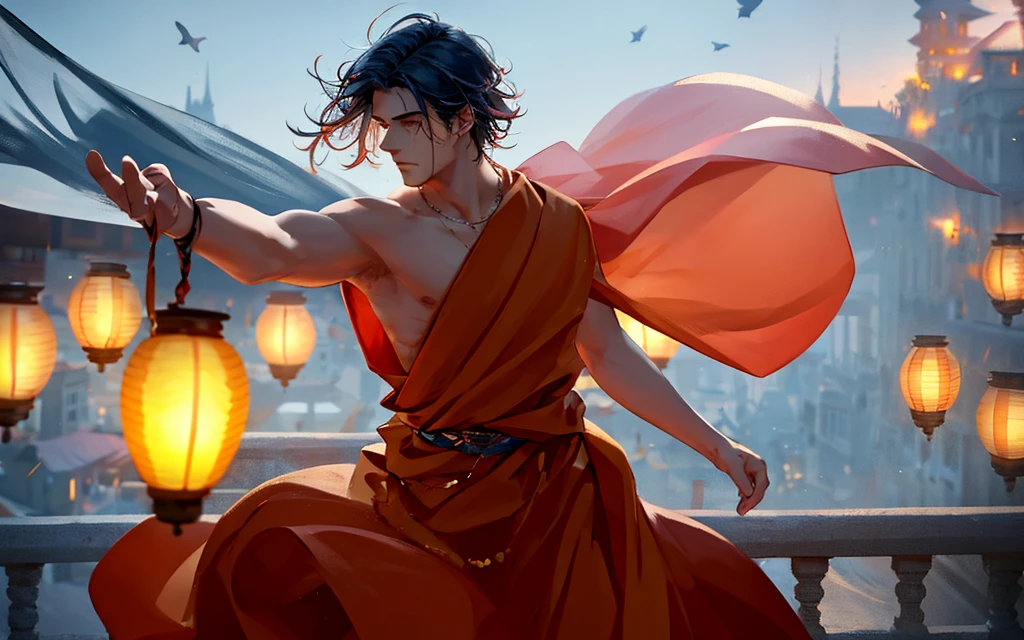 A handsome young man in white clothes with windblown hair standing thoughtfully on a balcony at dusk, gazing over a vast cityscape illuminated by floating lanterns in a twilight sky, creating a dreamlike and magical atmosphere. The primary light source is the twilight sky, casting soft shadows and delicate highlights on his hair and clothes. The color scheme features cool blues and purples, with contrasting warm orange and red lanterns. The scene conveys a sense of serenity, fantasy, and a touch of melancholy, with the young man's pose and expression suggesting contemplation or longing. The wind adds a dynamic element, bringing life to his hair and clothes, and the lanterns gently rise, enhancing the magical ambiance. The city lights twinkle like stars, adding depth and detail to the background.