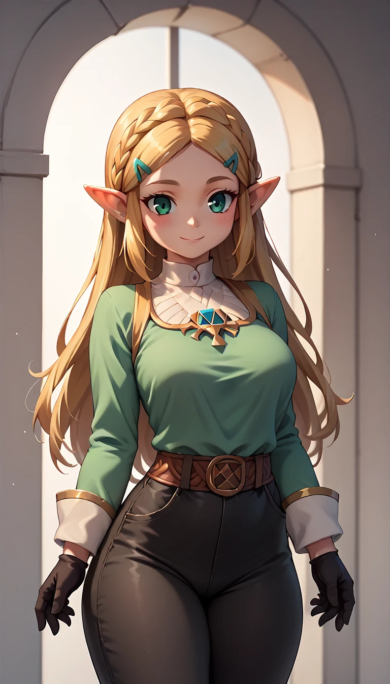 High resolution, Very detailed, perfect lighting, beautiful detailed eyes,   ((masterpiece,Best Quality)), absurdities, alone,     princess zelda, by the width, crown braid, Hair clip, pointy ears, Green shirt, long sleeves, Gloves without fingers, black gloves, Black pants, tight pants, smile, curves, nod,   ,  deep neckline, deep neckline 