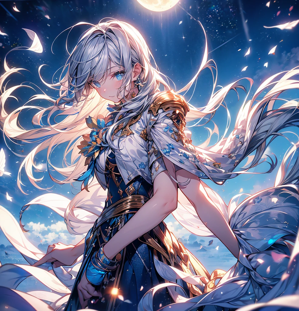 masterpiece, (Highest quality: 1.2), (Super Fine: 1.2), figure, (Very delicate and beautiful: 1.2), Film Angle, floating, (Beautiful detailing: 1.1), (Detail Light: 1.1), Film Light, Delicate Sky, woman, Gray Hair, blue eyes, (High Ponytail: 1.1), Cape, Glowing Eyes, (moon: 1.2), (moonlight: 1.1), Starry Sky, (Particles of light: 1.1), fog , Snow Painting, sketch, flowering,Facing forward