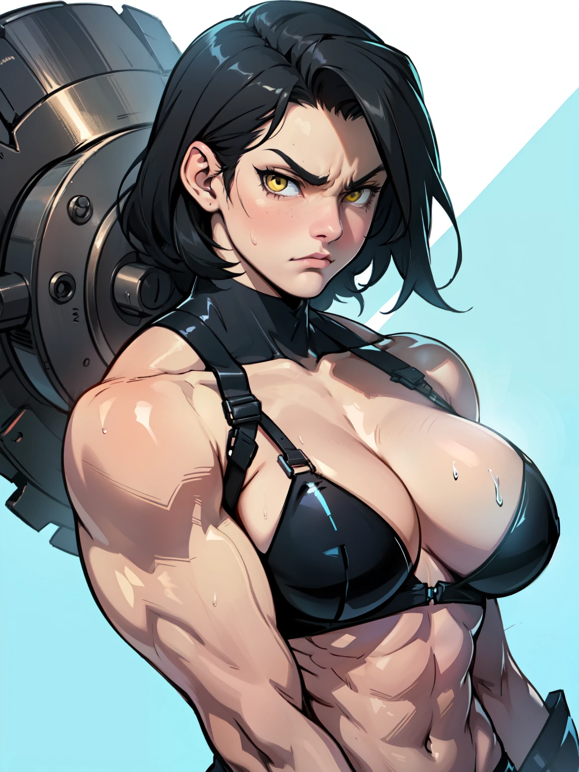 expressionless sad frown (((muscular girl toned body large breasts thick perfect female anatomy))) yellow eyes black hair pale best quality