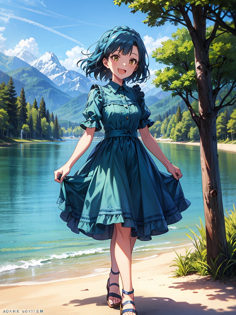 yuriko nanao (million live), 1 girl, Solo, Best Quality, masterpiece, 8K, High resolution, Ultra-detailed, madeon, yellow eyes, smile, have fun, ;d, bright green and aqua blue dress, collared, frilled dress, lacy dress, sandals, outdoor, walking on the beach of the lake, high mountain in the background,