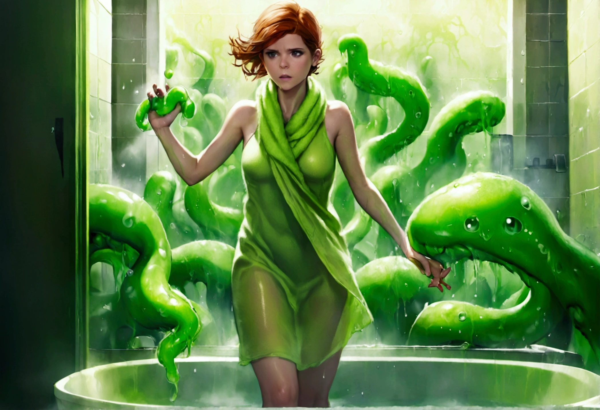 Kate Mara, age 25, dressed in a bath towel, is fleeing from her bathroom which is filling with translucent green slime that is extending slime tentacles at Kate