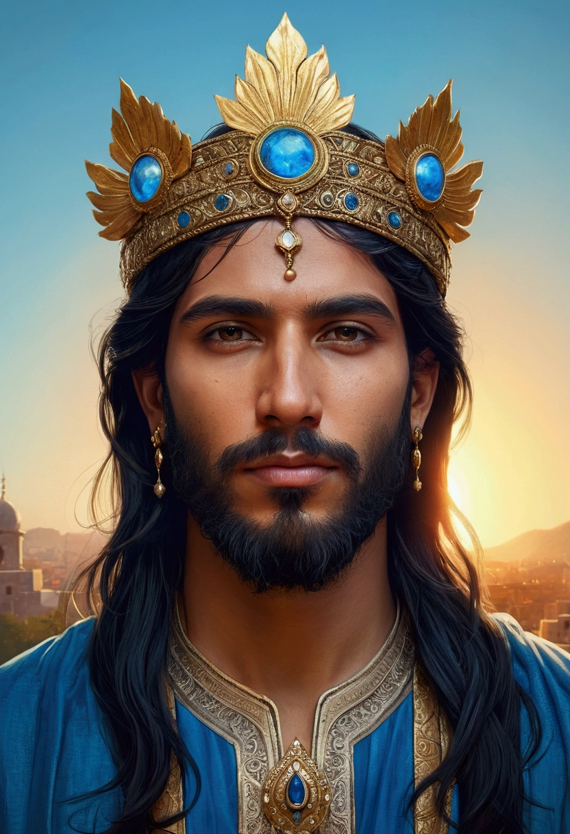 head and shoulders portrait of young handsome Arab artist by Ismail Inceoglu, M.au. kaluta, long black hair partly up and partly down, silver earrings, barba, jesus, Beautiful nature background, Hyper-detailed and hyper-realistic digital illustration with 8k resolution Splash art trends on Artstation. "A mythical being with a magnificent beard and mesmerizing blue eyes, adorned with a golden crown and an ornate headdress, emanating an otherworldly presence as he stands against a backdrop of a stylized sun or celestial light."