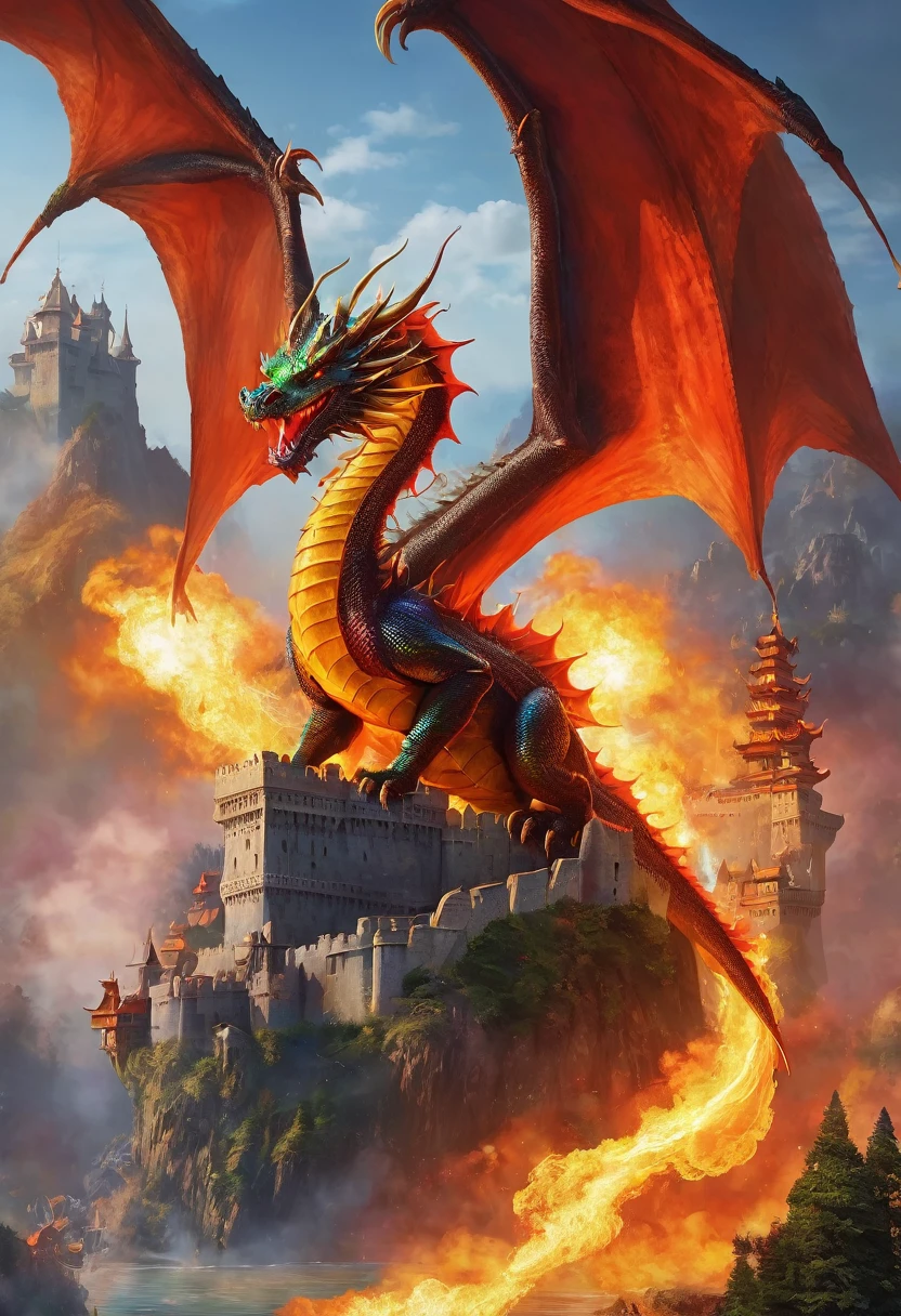 большой The Dragon сидит на стене и рычит пламенем, high quality, 3D, 4k, fantasies, The Dragon, high detail, Jet of fire, castle wall, high wall, bright colors, The Dragon изрыгает пламя, злой The Dragon