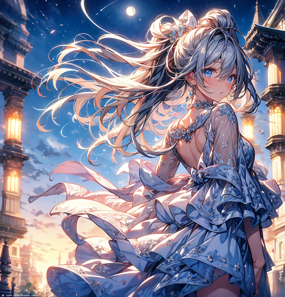 masterpiece, (Highest quality: 1.2), (Super Fine: 1.2), figure, (Very delicate and beautiful: 1.2), Film Angle, floating, (Beautiful detailing: 1.1), (Detail Light: 1.1), Film Light, Delicate Sky, woman, Gray Hair, blue eyes, (High Ponytail: 1.1), Cape, Glowing Eyes, (moon: 1.2), (moonlight: 1.1), Starry Sky, (Particles of light: 1.1), fog , Snow Painting, sketch, flowering,Facing forward