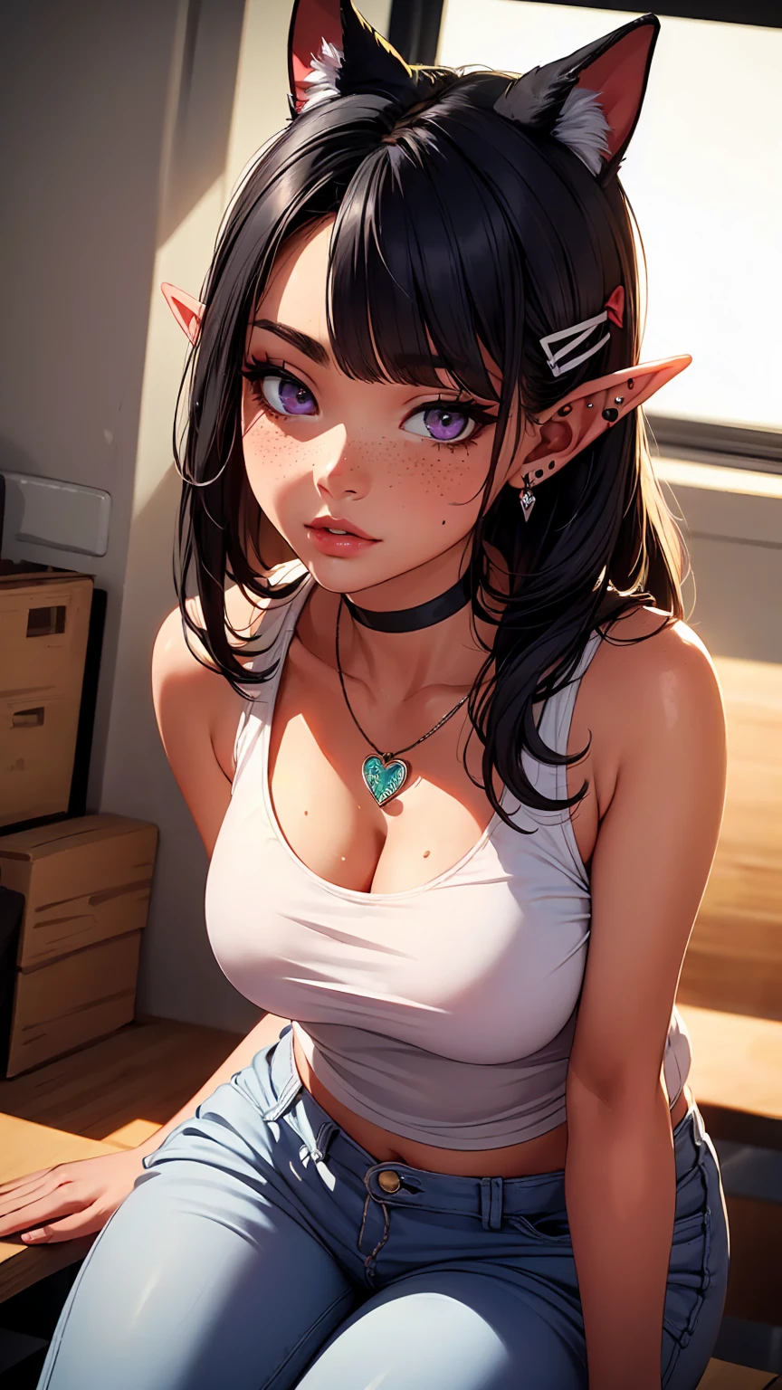 ((Best quality)), ((masterpiece)), (detailed: 1.3)
Beautiful woman, one girl, very detailed eyes, very detailed hair, very detailed clothes, very detailed face, 20 years old girl
((Purple eyes)), ((black hair, twin tails hairstyle, long wavy hair, long side bangs)), ((white bow hair clip)), ((elf ears)), heart earrings, piercing, tanned skin, ((white tank top, naked bottom)), large breasts, cleavage, thick ass, choker, heart necklace, beautiful eyelashes, eyeliner, sultry eyes, juicy lips, soft blush, smooth skin, freckles, natural eyebrows, sweat, dripping sweat.
Posing sexily, hands in the air, provocative, looking at viewer, in love with viewer, orgasm facial expression, cinema lighting, squatting, spread legs, school, class room.