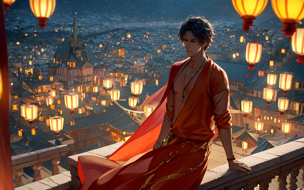 A handsome young man in white clothes with windblown hair standing thoughtfully on a balcony at dusk, gazing over a vast cityscape illuminated by floating lanterns in a twilight sky, creating a dreamlike and magical atmosphere. The primary light source is the twilight sky, casting soft shadows and delicate highlights on his hair and clothes. The color scheme features cool blues and purples, with contrasting warm orange and red lanterns. The scene conveys a sense of serenity, fantasy, and a touch of melancholy, with the young man's pose and expression suggesting contemplation or longing. The wind adds a dynamic element, bringing life to his hair and clothes, and the lanterns gently rise, enhancing the magical ambiance. The city lights twinkle like stars, adding depth and detail to the background.