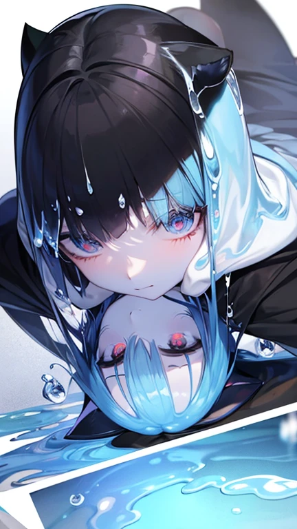 Blue Hair,Blue Skin,Black Cape,Cat ear,Liquid on the character,Slime,Lots of musical notes in the background,Combat Uniform,Underexposed eyes