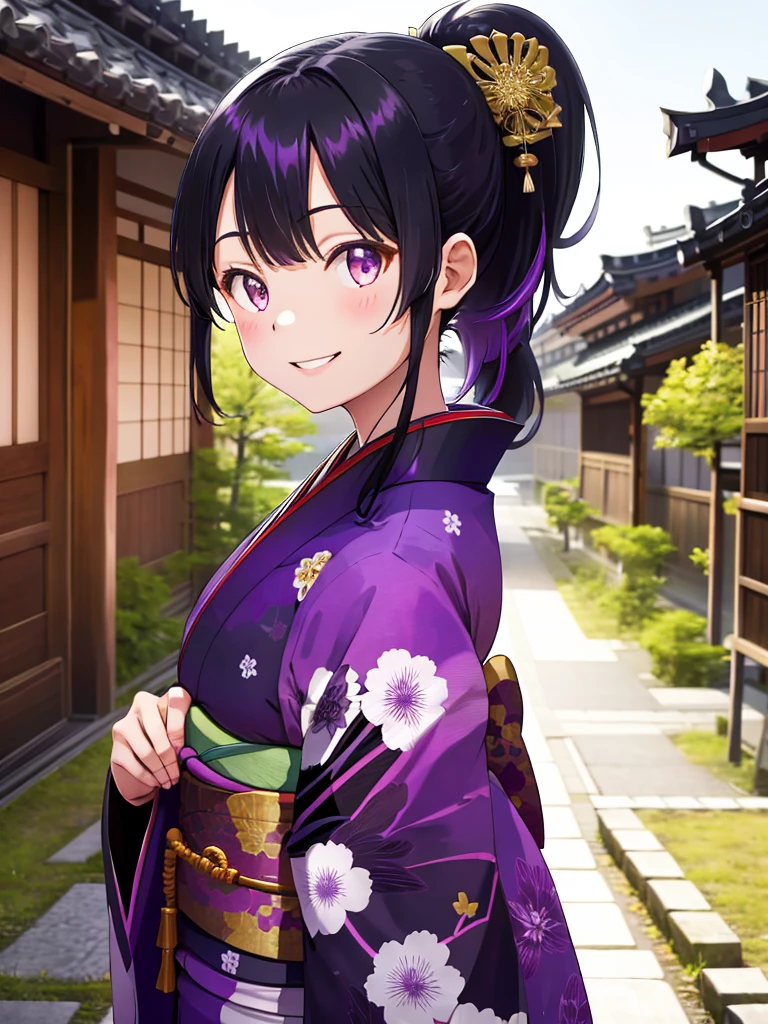 Kyoto, High resolution, Highest quality, 1 girl solo, smile, kimono, Black Hair, Purple highlights, ponytail