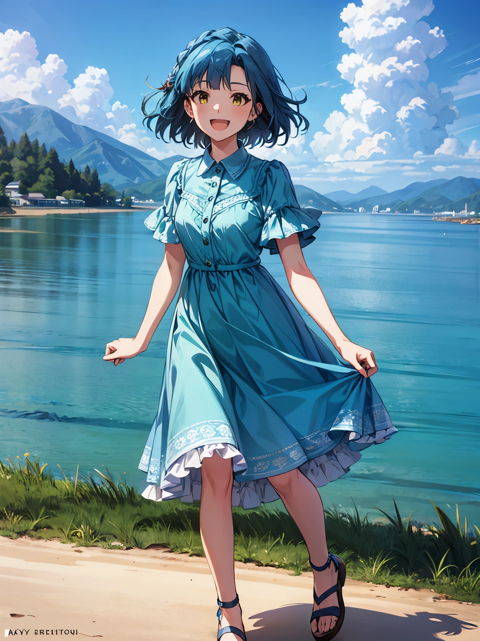 yuriko nanao (million live), 1 girl, Solo, Best Quality, masterpiece, 8K, High resolution, Ultra-detailed, madeon, yellow eyes, smile, have fun, ;d, bright green and aqua blue dress, collared, frilled dress, lacy dress, sandals, outdoor, walking on the beach of the lake, high mountain in the background,