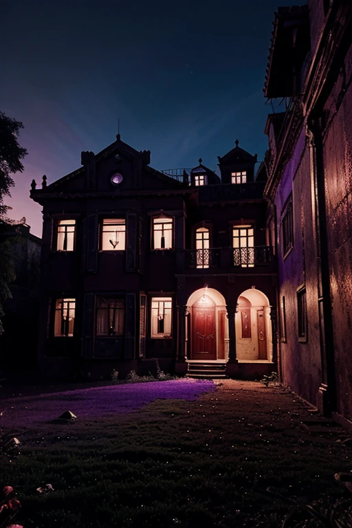 Haunted house, rooms with mucielagos. a lot of beauty, red, purple, reflexes