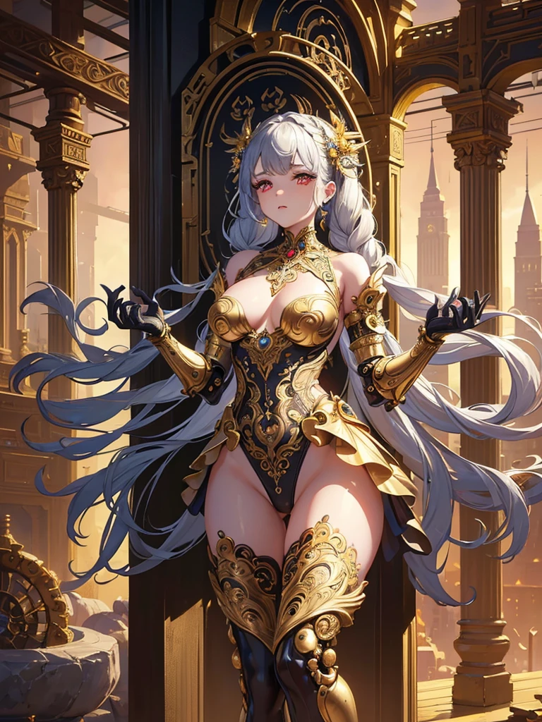 (masterpiece:1.2), (best quality:1.2), newest, intricate details, ai-generated, perfect anatomy, gold theme, beautiful android girl, detailed mechanical parts visiblem,embossing decoration on body, flower design silver trim on mechanical parts, wearing lace leotard and (tutu:1.2), ((braids hair)), mechanical wings, mechanical body, ((mechanical hands)), ((intricate details futuristic city with cyberpunk atmosphere)), red eyes