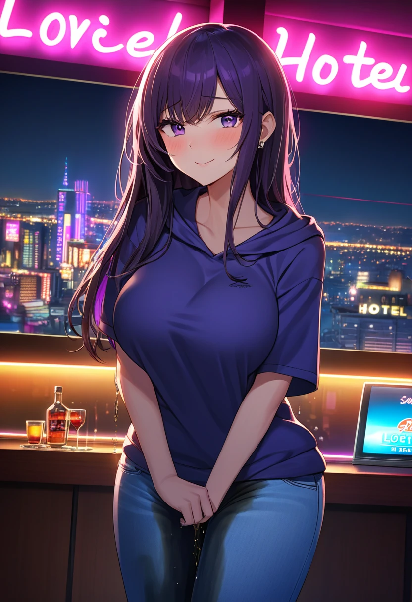 woman, very dark purple hair, purple eyes, long hair, large breasts, stylish blue hoodie, tight jeans, standing, (wetting herself:1.5), best quality, ultra-detailed, HDR, studio lighting, professional, vivid colors, sharp focus, bokeh, landscape, love hotel, bar counter, night, window, cityscape, colorful city, neon lights, futuristic, science fiction, soft lighting, dynamic shadows, embarrassed, humiliation, blushing, naughty face, seductive expression, facing viewer