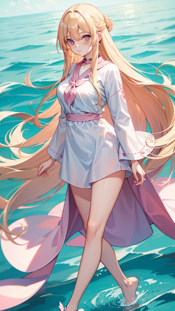 Adult woman, pink eyes, long blonde hair, floating, casual clothes
