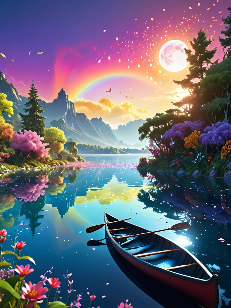 (Dream Landscape Photography:2),(masterpiece:1.2),(nature photography:2), highest quality, (figure:1.2), (Super detailed),Eye focus,(Whimsical:2),(dream-like:1.3),(Artfully crafted brilliance:1.3), (Movie Background), Hyper Details, (Delicate and detailed), (Intricate details), Octane Rendering, High resolution, (Super detailedな:1.15), (soft light:1.2), mature, plump, thick, Rainbow Painting Drops,(dynamic:1.2),A dreamscape made of paints, Completely painted, splat, splash, Outdoor, (Bioluminescence:1.3),(Shine:1.3), (Movie masterpiece), intense, Powerful, splashes of colour, (Beautiful colored sky:1.2),(Golden Hour:1,4),really eye-catching,(Huge lake:1.7), (Daytime:1.3), (Cinematic Headlights), ((caustic)), dynamic angle, Beautiful sparkle, ambient occlusion, Zhou Haoguang, Ray-traced Reflections,(Best lighting, Very delicate and beautiful), ((Cinematic Light)), (soft:2),masterpiece, highest quality, (Very detailed CG Unity 8K wallpaper), (highest quality), (best figure), (Best Shadow), (Glow Sprite:1.2),(Plan your trail:1.2),(Beautiful rainbow),(sun),(moon), ((Abandoned canoe:1.2)),( drinking water in the pool),(wealthy:1.4), Element of nature in the forest theme.( Mysterious Forest)), Beautiful Forest, nature, Surrounded by flowers, delicate leaf and branches surrounded by fire Fly (Element of nature), (Vineyard Theme), (leaf), (twig), (fire Fly:1.2)), (Particle Effects) , 3d , (Octane Rendering, Ray Tracing, Very detailed, (zentangle, mandala, Tangle, enTangle), (fractal art:1.5) ,Very detailed, dynamic angle, The most beautiful form of chaos, elegant,A wide variety of flowers, Brutalist design, Vibrant colors:1.2), (Romanticism:1.2), James Jean, Robbie Dowie Anton, ross tran, francis bacon, Michael Mraz, adrian&#39;s genius, Petra Cortright, gerhard richter, takato yamamoto, Ashley Wood, Atmospheric, Ecstasy of Musical Notes, I can see the flowing notes, close, Perfect Fingers, Perfect hands,(unmanned:2),(Super Reflection:1.2)