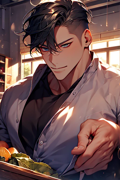 (Best Quality,4k,8k,high resolution,Masterpiece:1.2),ultra detailed,(realist,photorealist,photo-realist:1.37),1 man,31 years,mature man,very handsome,without expresion,muscled body,short gray black hair,Blue eyes,glare,perfect face without mistakes,imposing posture,businessman,office background,cinematic lighting,imagen HDR