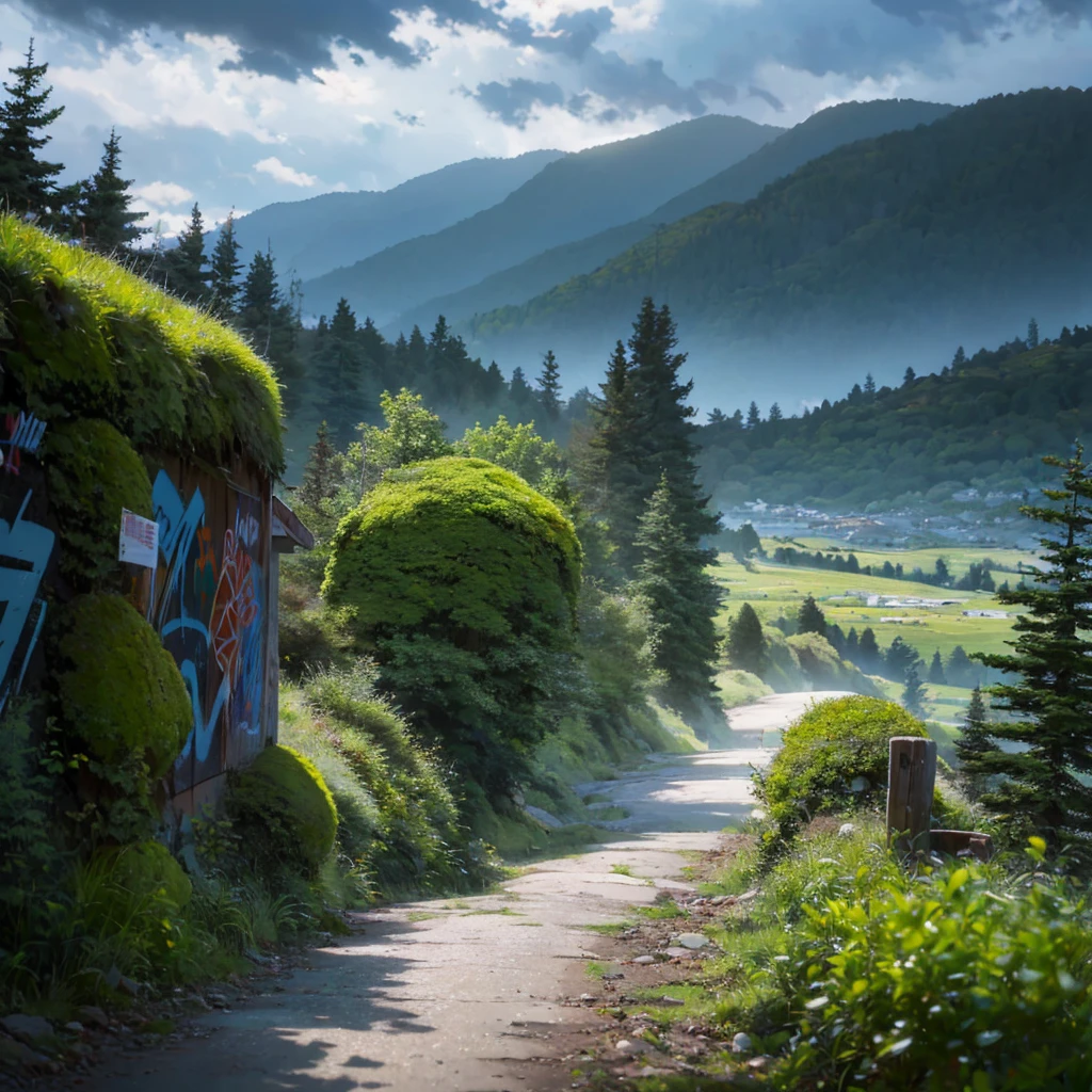 (country road in the mountains)+(with cloudy sky)+(first person perspective)+(old graffit wall)+(Dense pine woods)+(moss)+(moody atmosphere)