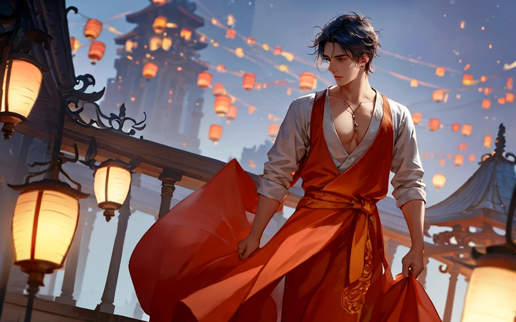 A handsome young man in white clothes with windblown hair standing thoughtfully on a balcony at dusk, gazing over a vast cityscape illuminated by floating lanterns in a twilight sky, creating a dreamlike and magical atmosphere. The primary light source is the twilight sky, casting soft shadows and delicate highlights on his hair and clothes. The color scheme features cool blues and purples, with contrasting warm orange and red lanterns. The scene conveys a sense of serenity, fantasy, and a touch of melancholy, with the young man's pose and expression suggesting contemplation or longing. The wind adds a dynamic element, bringing life to his hair and clothes, and the lanterns gently rise, enhancing the magical ambiance. The city lights le like stars, adding depth and detail to the background.
