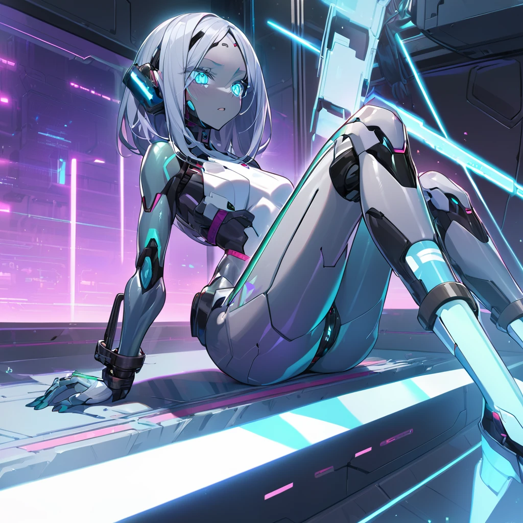 science fiction, android girl(metallic skin, cyber joint), restrained cross,