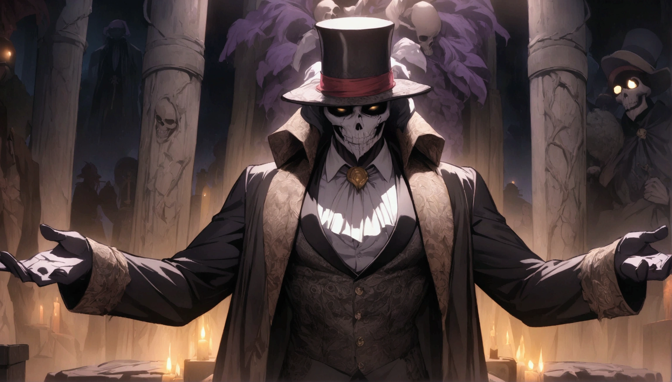 (((BARON SAMEDI))) best quality, ultra-high resolution, 4K detailed CG, masterpiece, man,skull face, formal wear, top hat, voodoo mythology, ((standing pose)), African aesthetic, centered screen, night, cemetery background
