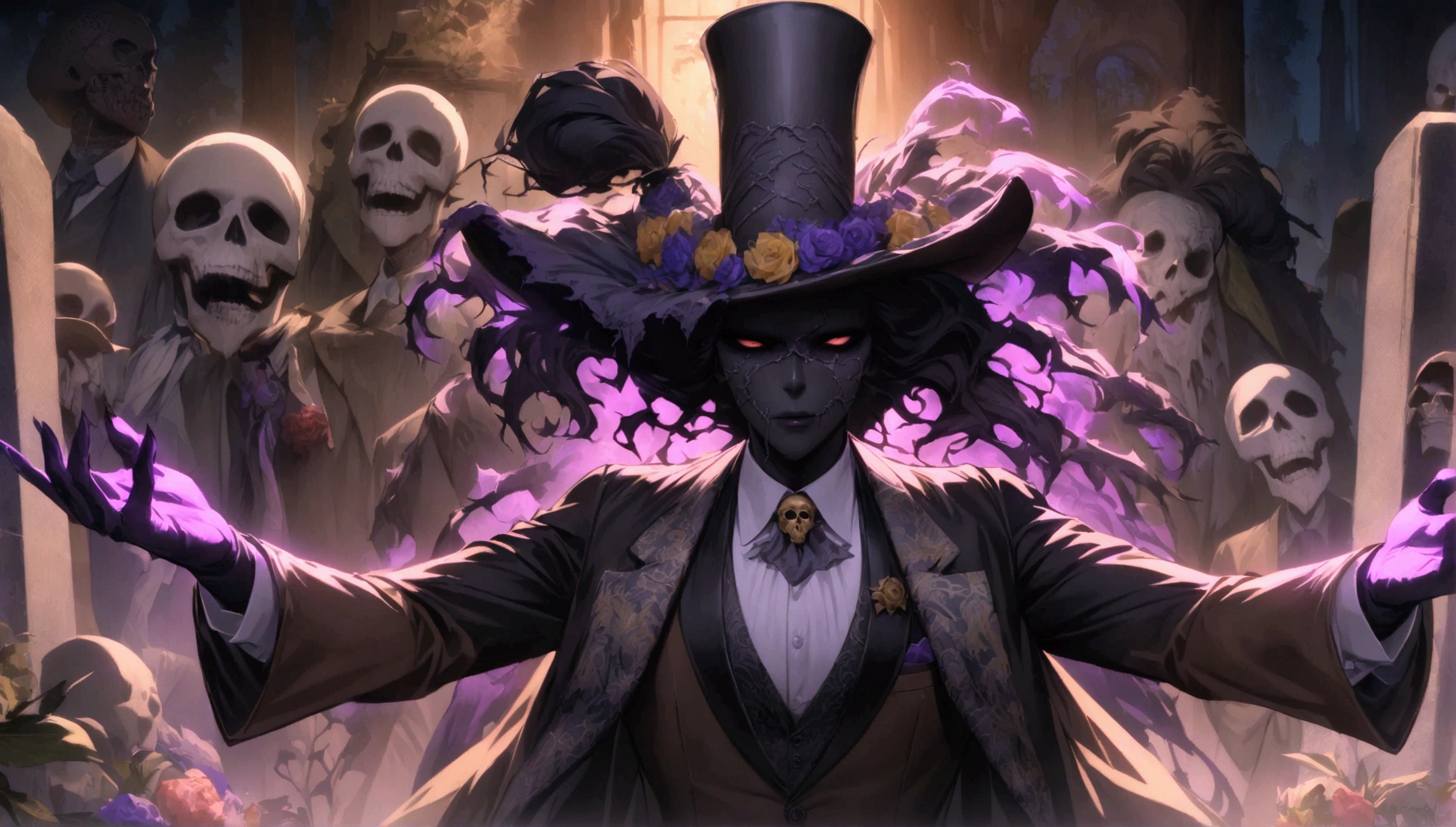 (((BARON SAMEDI))) best quality, ultra-high resolution, 4K detailed CG, masterpiece, man,skull face, formal wear, top hat, voodoo mythology, ((standing pose)), African aesthetic, centered screen, night, cemetery background
