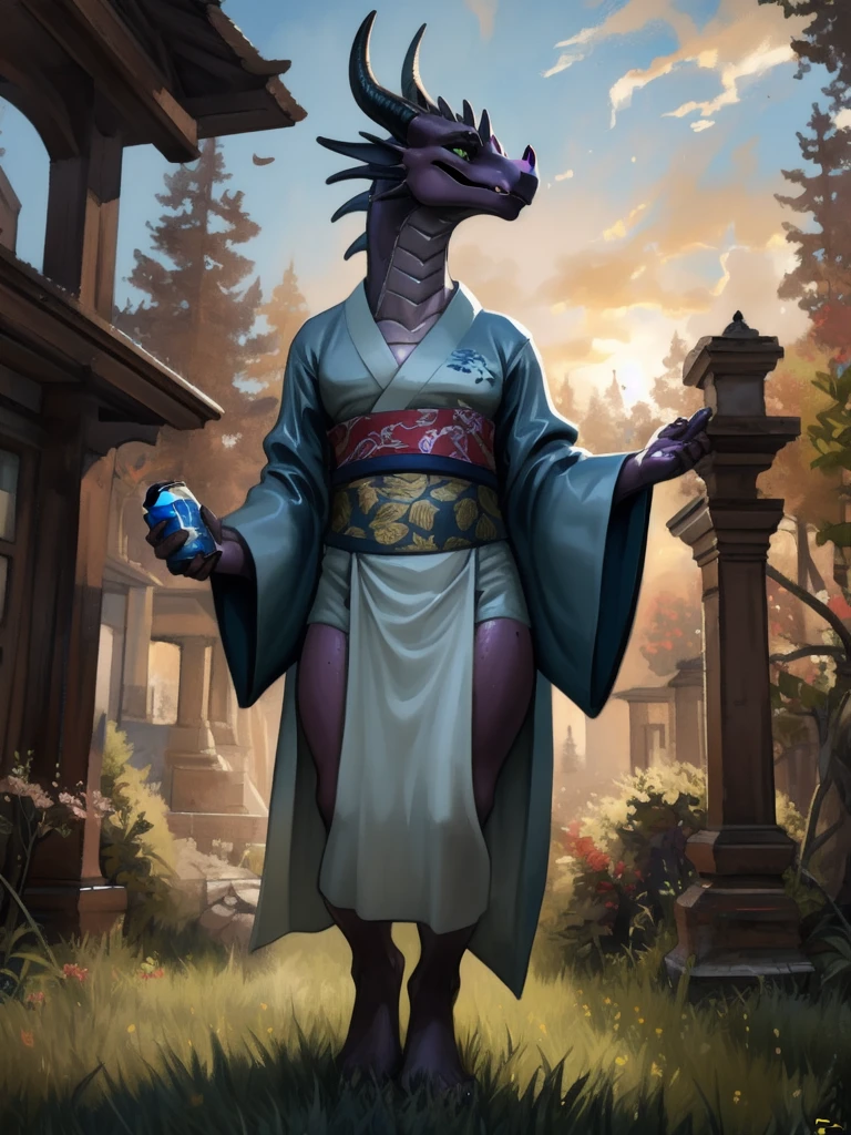 Masterpiece, High quality, Digital Painting \(work of art\), alone, (Kimono:1.4), Male Anthro Dragon, The body is blue-green., meadow, smile, sunset, loincloth, by (by Pino Daeni, (by ruaidri), can, Kiyo-san), พื้นหลังbyละเอียด, anime, (dark shadow, Wide dynamic range, HDR, low beam:1.2), stalwart
