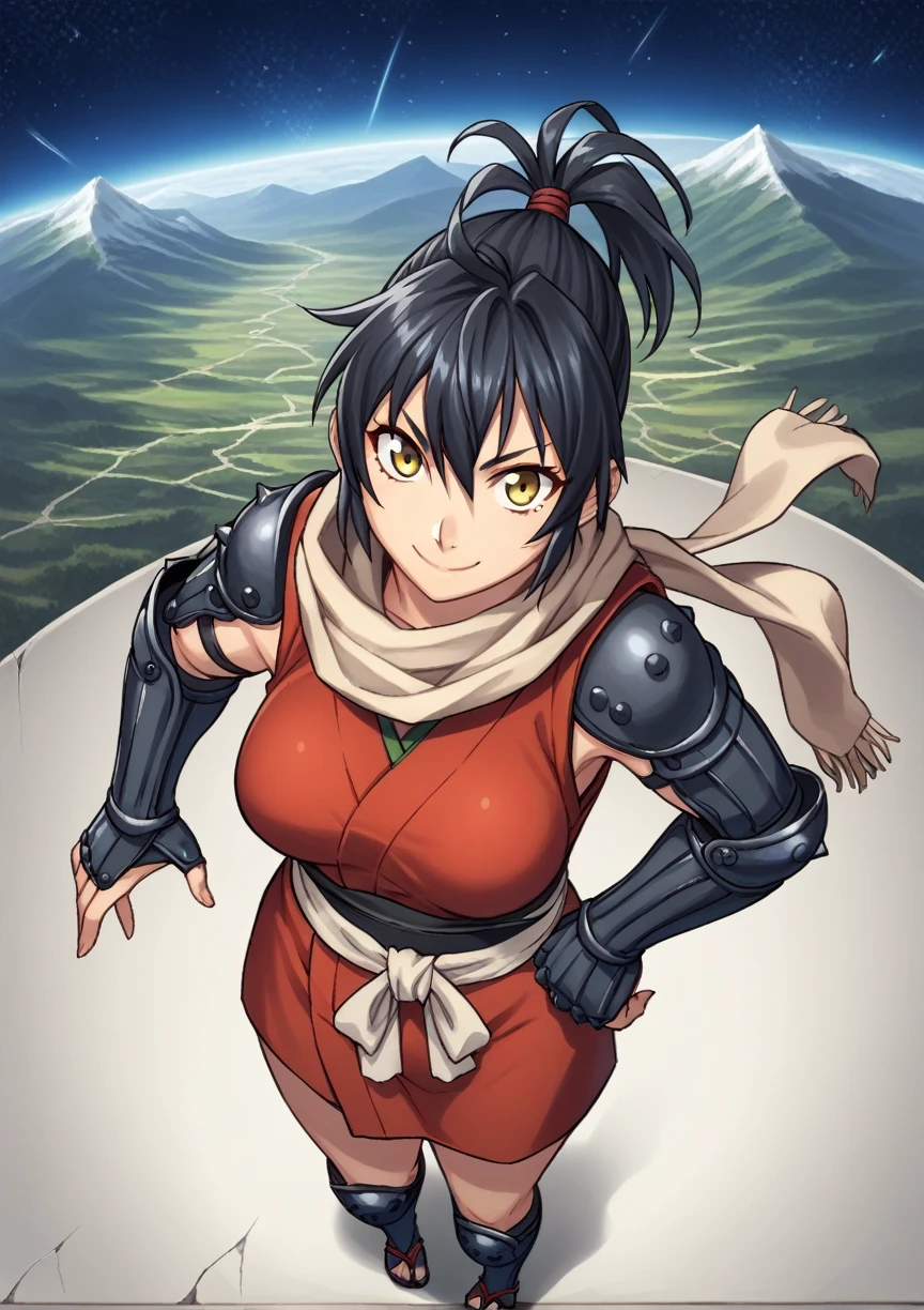 1 girl, medium hair, black fur, yellow eyes, ponytail, scarf, Ninjas, open japanese clothes, Sarashi, Sarashi de pecho, thighs, gauntlets, Gloves without fingers, medium breasts, Session, space, looking at the viewer, smile, teahouse, mountain score_9, score_8_above, score_7_above, score_6_above, score_5_above, score_4_above, Breaking source_cheered up, masterpiece very big tits.