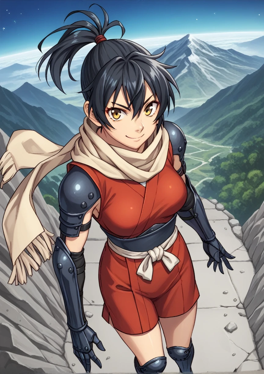 1 girl, medium hair, black fur, yellow eyes, ponytail, scarf, Ninjas, open japanese clothes, Sarashi, Sarashi de pecho, thighs, gauntlets, Gloves without fingers, medium breasts, Session, space, looking at the viewer, smile, teahouse, mountain score_9, score_8_above, score_7_above, score_6_above, score_5_above, score_4_above, Breaking source_cheered up, masterpiece very big tits.