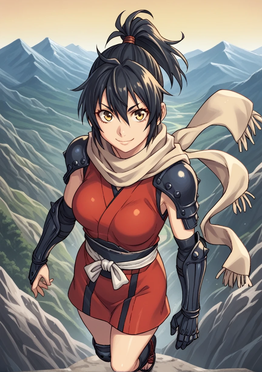 1 girl, medium hair, black fur, yellow eyes, ponytail, scarf, Ninjas, open japanese clothes, Sarashi, Sarashi de pecho, thighs, gauntlets, Gloves without fingers, medium breasts, Session, space, looking at the viewer, smile, teahouse, mountain score_9, score_8_above, score_7_above, score_6_above, score_5_above, score_4_above, Breaking source_cheered up, masterpiece very big tits.