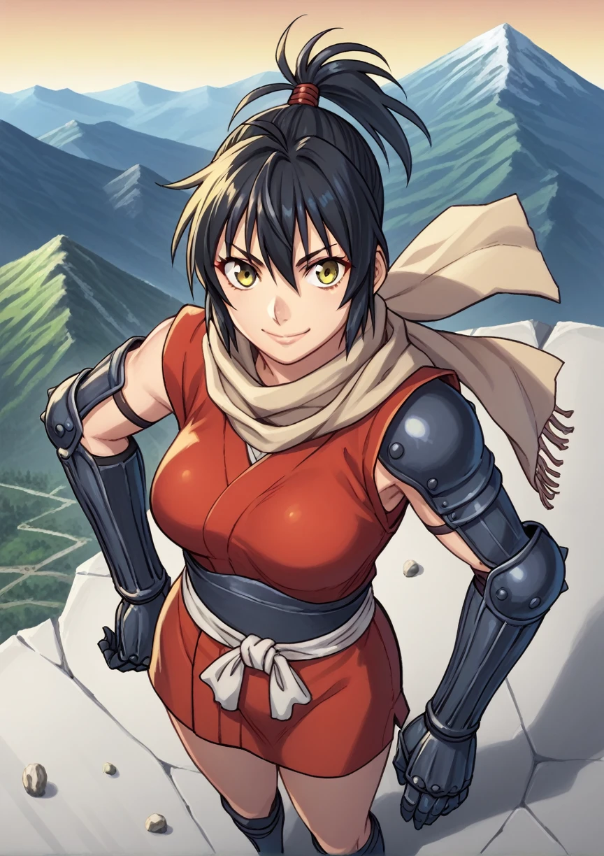 1 girl, medium hair, black fur, yellow eyes, ponytail, scarf, Ninjas, open japanese clothes, Sarashi, Sarashi de pecho, thighs, gauntlets, Gloves without fingers, medium breasts, Session, space, looking at the viewer, smile, teahouse, mountain score_9, score_8_above, score_7_above, score_6_above, score_5_above, score_4_above, Breaking source_cheered up, masterpiece very big tits.