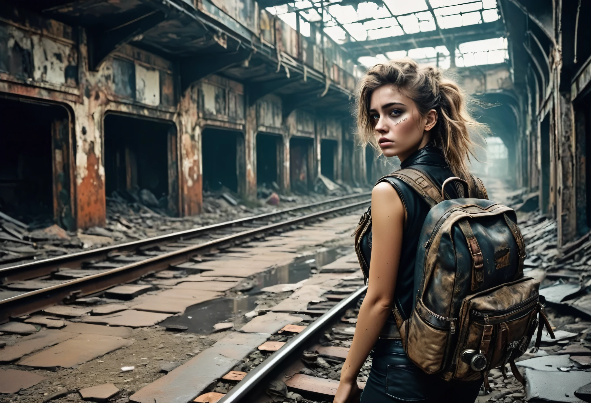 Create a diagonal and faithful image of a sad girl with a dirty face, scattered hair, with torn clothes and dirty 18 year old madmax style wearing a large backpack on her back and leaning against the wall of an abandoned underground train station with closed ceiling dirty in ultra futuristic post-apocalyptic ruins, there is vegetation growing in the corners of the walls in the basement station, there is debris lying on the train tracks, trem steampunk, dramatic art, dieselpunk art style, apocalyptic road warrior vibe, surreal digital art, mad max inspired, heavy metallic artwork, chrome grille symmetry, arte steampunk digital, It's not the Mad Max style, metallic art, is not Filip Hodas; artwork style, steampunk digital art, dieselpunk, in a hightech world, photo on the diagonal, high qualiy, 8k, extremely detaild, as realistic as possible, the highest possible quality.