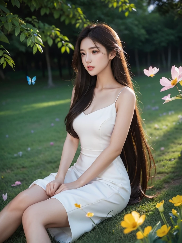 dress,long_hair,brown_eyes,Side_slit (night), iridescence, In the park under the moonlight，A beautiful girl sitting among the flowers，Surrounded by blooming flowers and fluttering butterflies。Girl&#39;s cleavage is visible，The body leans back，Support your body with your elbows，Showing an elegant and seductive posture。She has a very beautiful、Well-proportioned legs，Anatomically correct。The girl&#39;s face is delicate，Bathed in the soft moonlight，The whole scene is filled with atmospheric lighting effects。Dramatic lighting creates a cinematic atmosphere。The bright smile on the girl&#39;s face adds a touch of fantasy。