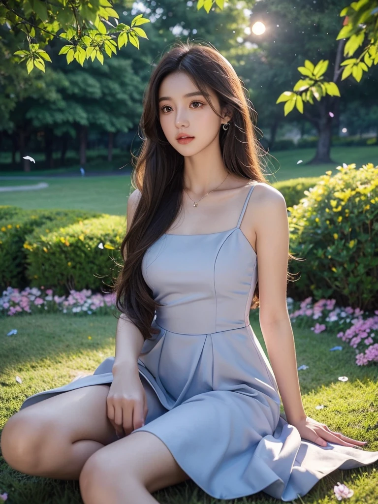 dress,long_hair,brown_eyes,Side_slit (night), iridescence, In the park under the moonlight，A beautiful girl sitting among the flowers，Surrounded by blooming flowers and fluttering butterflies。Girl&#39;s cleavage is visible，The body leans back，Support your body with your elbows，Showing an elegant and seductive posture。She has a very beautiful、Well-proportioned legs，Anatomically correct。The girl&#39;s face is delicate，Bathed in the soft moonlight，The whole scene is filled with atmospheric lighting effects。Dramatic lighting creates a cinematic atmosphere。The bright smile on the girl&#39;s face adds a touch of fantasy。