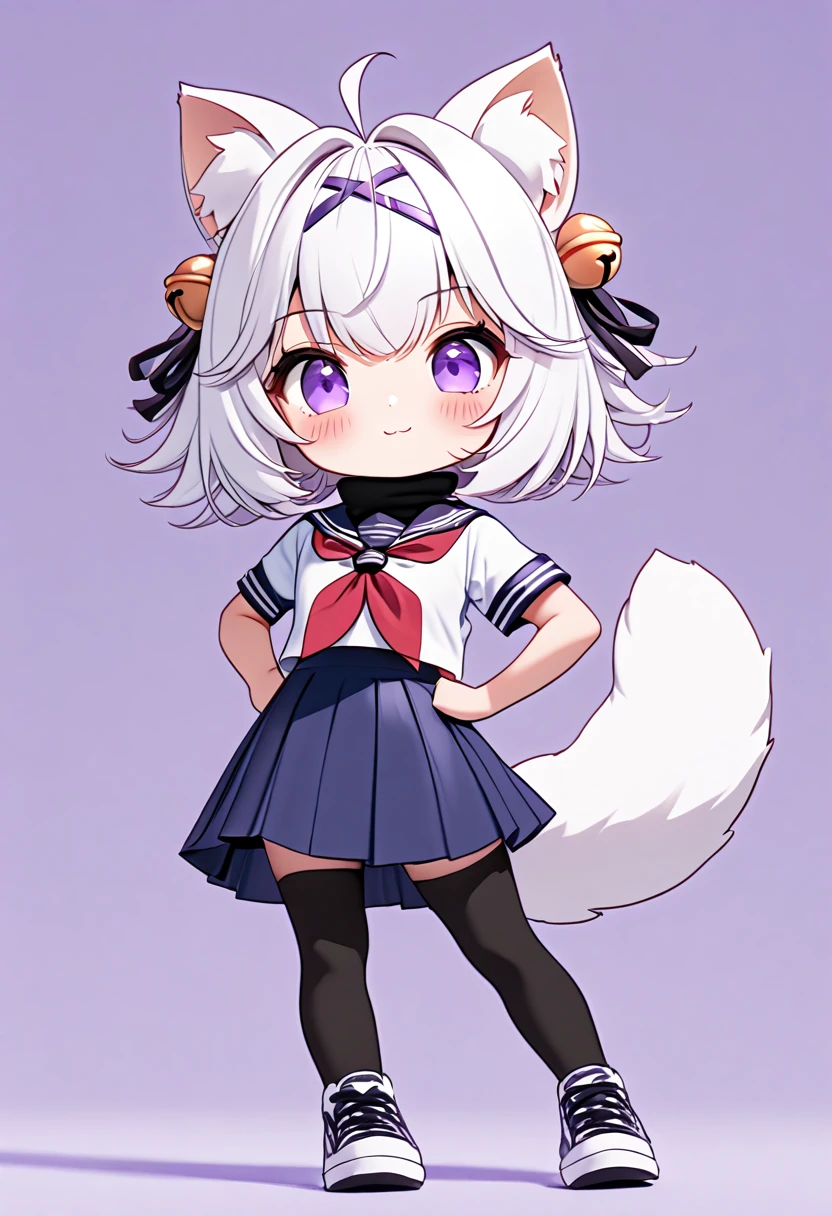 master piece, best quality, ultra-detailed, illustration, 1girl, solo, chibi, (big head), cute pose, flying pose, front view, looking at viewer. Filiansailor, ((purple hairclip)), hair bell, white hair, short hair, cat ears, ahoge, purple eyes, blush, smiling, fluffy tail, serafuku, black turtleneck, short sleeve, red neckerchief, blue skirt, black stockings, sneaker shoes, ((simple background)), 