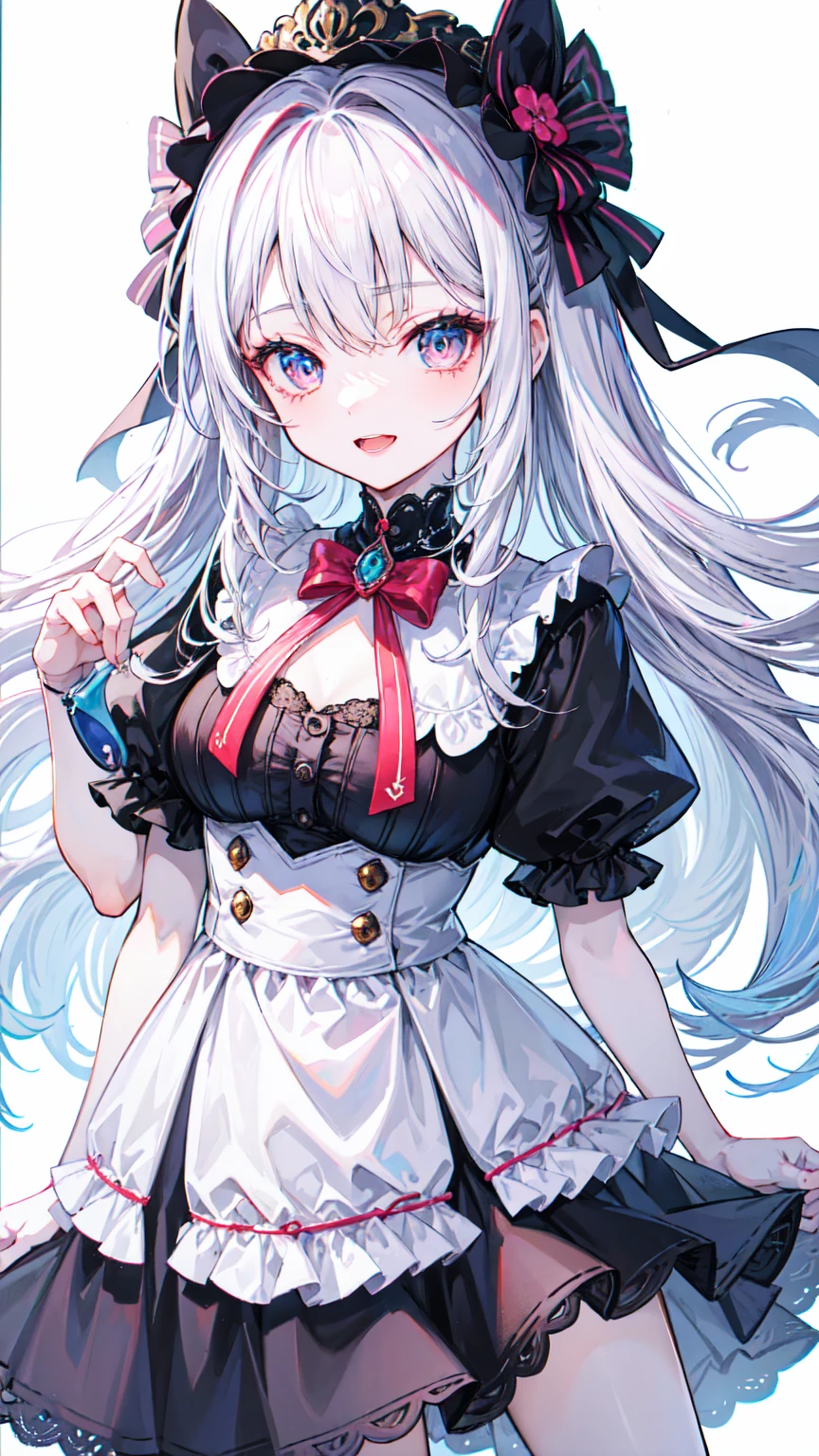 master piece , best quality , ultra detailed , woman , smile , open mouth , shiny hair , beautiful eyes , kawaii , cute,age17,high school girl,white hair,long hair,Pale skin, Medium chest,bule eyes