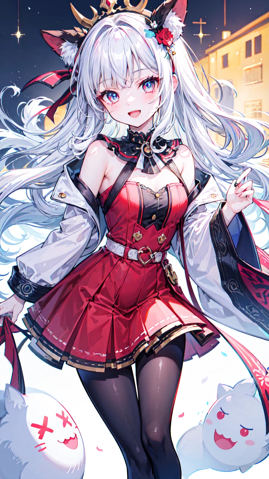 master piece , best quality , ultra detailed , woman , smile , open mouth , shiny hair , beautiful eyes , kawaii , cute,age17,high school girl,white hair,long hair,Pale skin, Medium chest,bule eyes