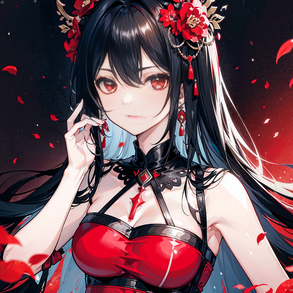 girl, long black hair, red eyes, arabic clothing, ((close up)), flower hair ornament, single glove, obsidian earrings, ((steampunk :0.5))