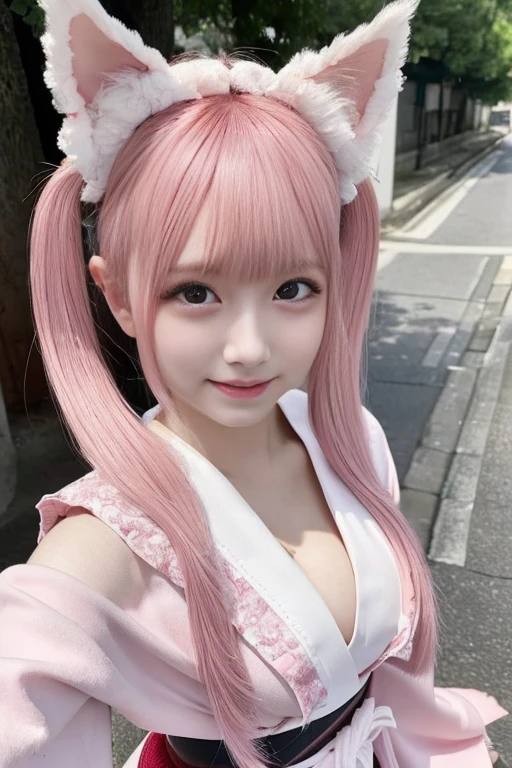 ((Pink Hair))、((Pink Hair))、((Twin tails))、((Highest quality、8k、masterpiece))、Sharp focus:1.2、((Big smile))、Small fox ears、Cute 17 year old girl with perfect figure:1.4、Slim Abs:1.2、((Dark brown hair))、street:1.2、Highly detailed face and skin texture、fine grain、The ????? is exposed、double eyelid、shoulder、Close-up of a woman in a kimono posing for a photo、Japanの女神、Japan人モデル、white、((Small ???????))、Shrine maiden costume、Japan、Drawing attractive anime girls。Cleavage