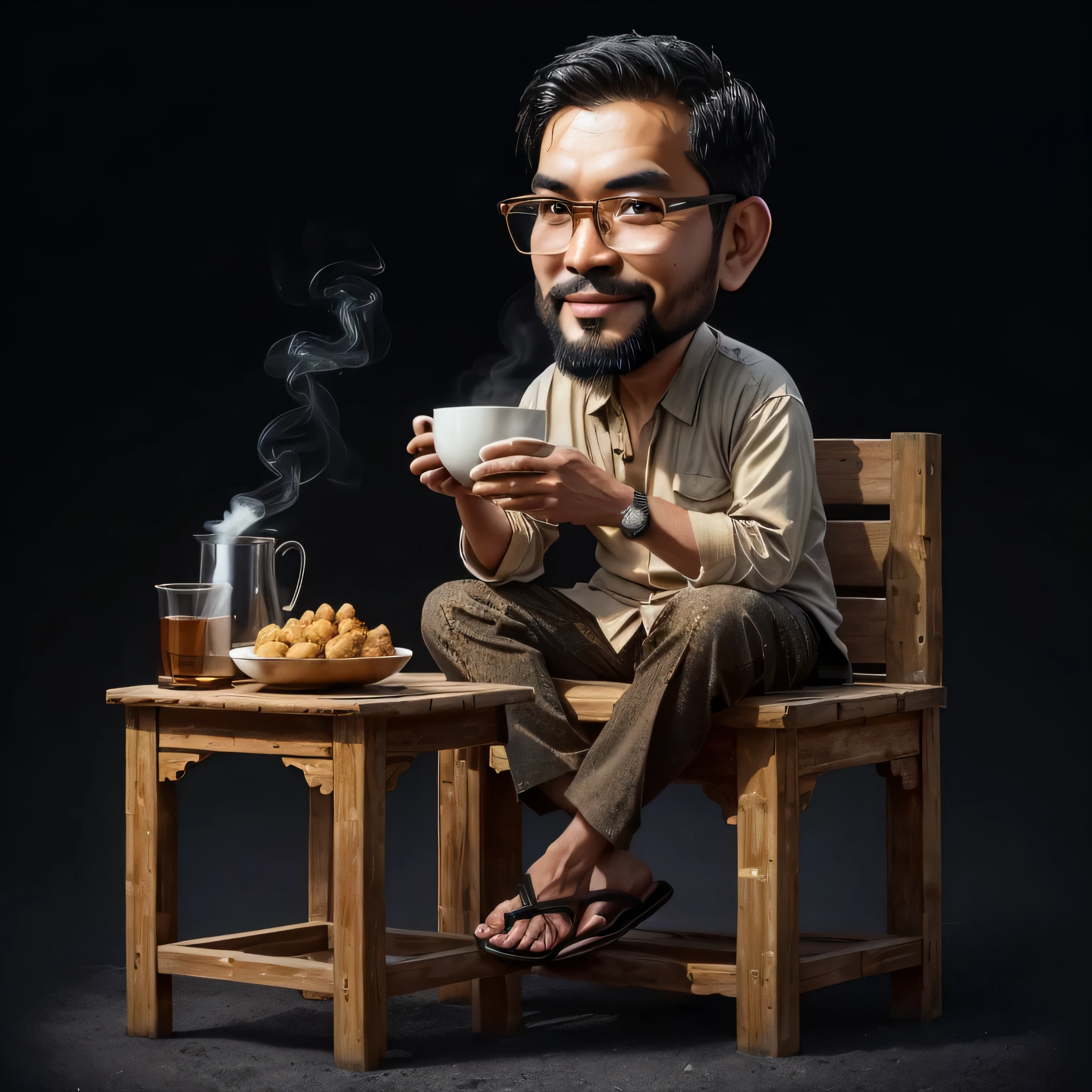 Realistic caricature of a 40 year old Indonesian Muslim man with a slightly plump chest wearing glasses sitting on a high wooden bench while holding a cup of hot coffee. Beside him there was a table containing a plate of fried cassava which was still hot, showing a light smoke. windowed bamboo wall background. From the window you can see the misty mountains in the distance. The picture was taken in an ancient house.