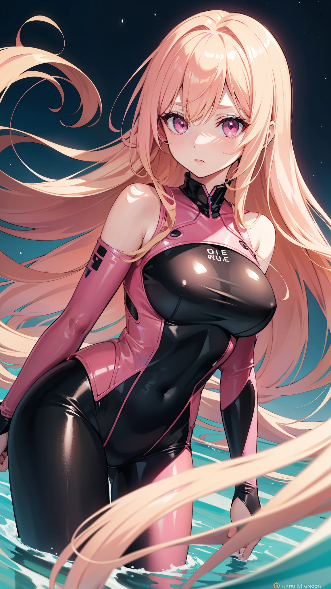 Adult woman, pink eyes, long blonde hair, floating, pink-black plugsuit, night