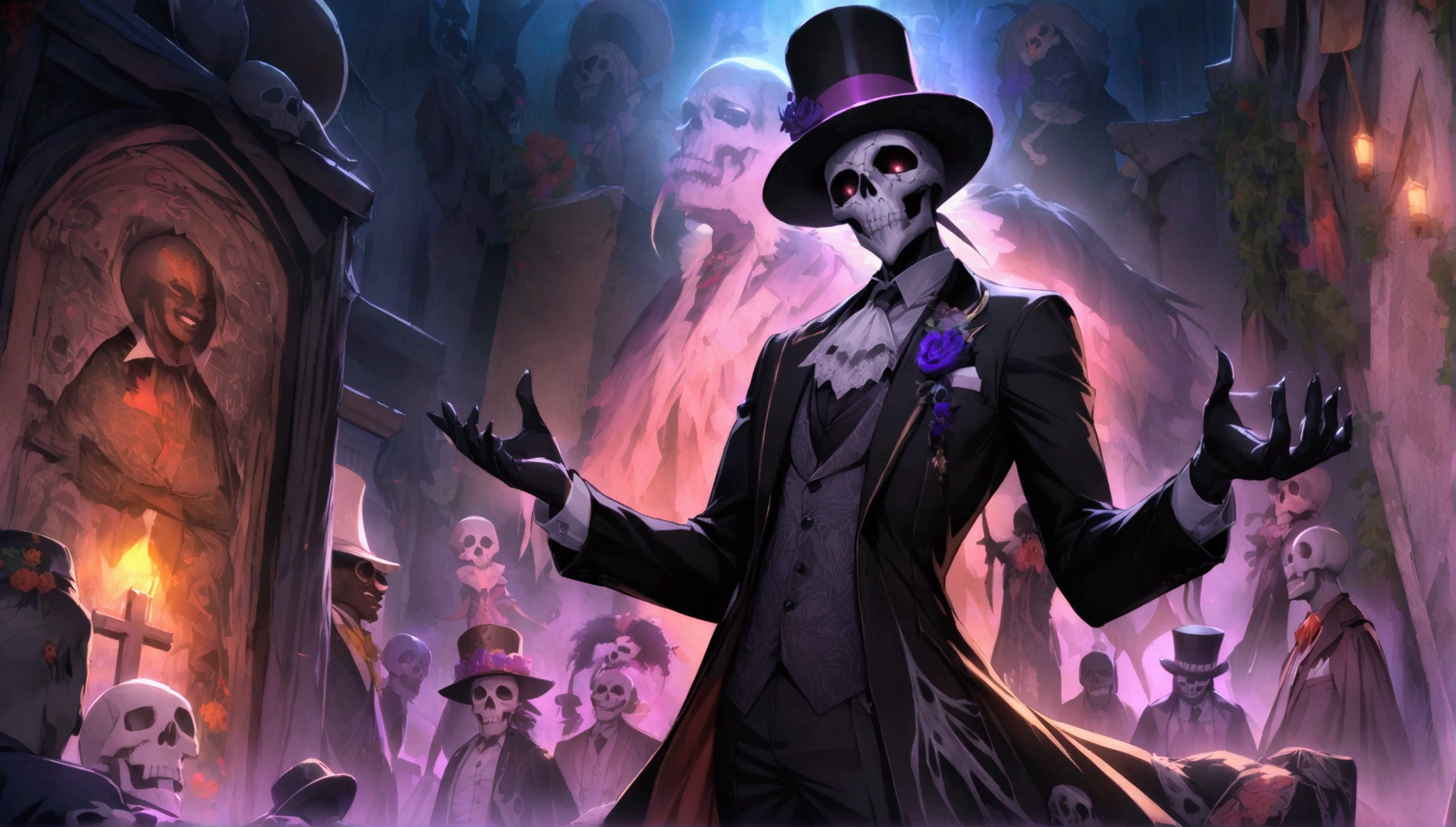 (((BARON SAMEDI))) best quality, ultra-high resolution, 4K detailed CG, masterpiece, man,skull face, formal wear, top hat, voodoo mythology, ((standing pose)), African aesthetic, centered screen, night, cemetery background