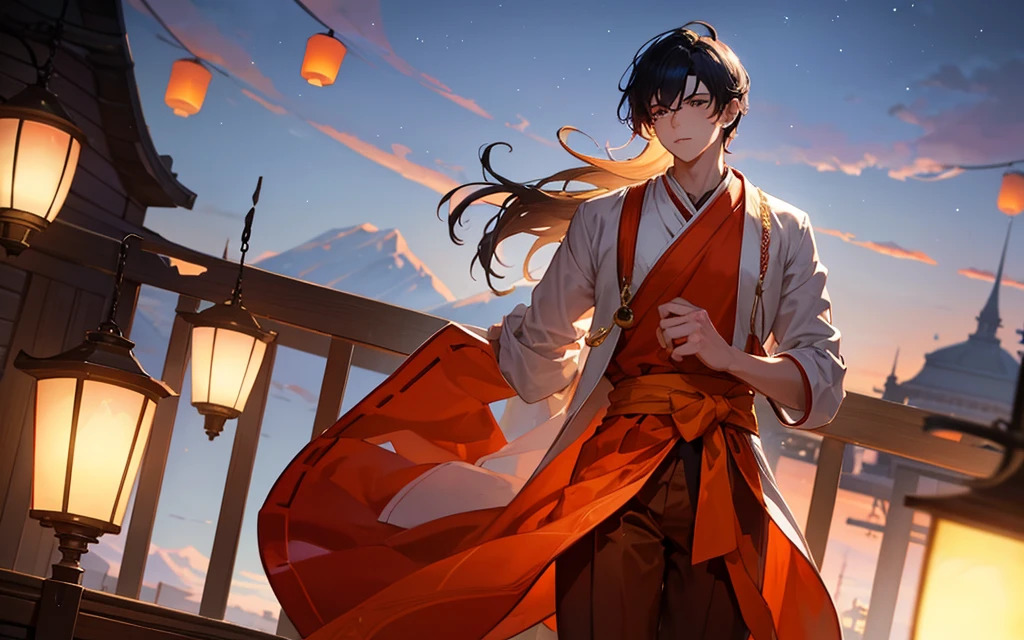 A handsome young man in white clothes with windblown hair standing thoughtfully on a balcony at dusk, gazing over a vast cityscape illuminated by floating lanterns in a twilight sky, creating a dreamlike and magical atmosphere. The primary light source is the twilight sky, casting soft shadows and delicate highlights on his hair and clothes. The color scheme features cool blues and purples, with contrasting warm orange and red lanterns. The scene conveys a sense of serenity, fantasy, and a touch of melancholy, with the young man's pose and expression suggesting contemplation or longing. The wind adds a dynamic element, bringing life to his hair and clothes, and the lanterns gently rise, enhancing the magical ambiance. The city lights twinkle like stars, adding depth and detail to the background.