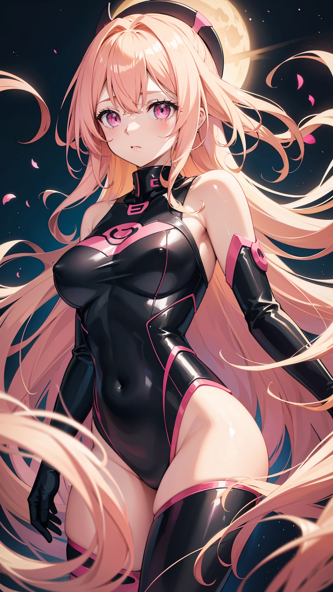 Adult woman, pink eyes, long blonde hair, floating, pink-black plugsuit, night