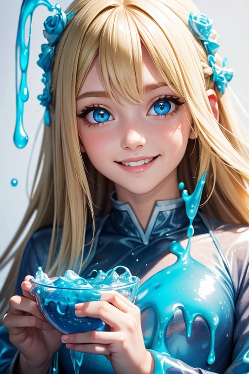 1girl, blonde, blue eyes, smiling, long hair, eating some blue slime