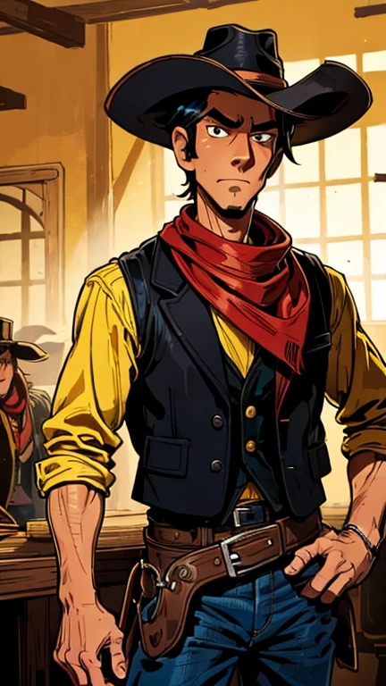 (1man, Lucky luke, yellow top, black jacket, jean, cowboy hat, red bandana), (extremely detailed CG unit 8k wallpaper),(master part), (best quality), (ultra detail), (best illustration),(melhor ombre), cowboy shot, (Sharp eyeliner, ombre, detail eyes), wild west saloon interiors background, ,break , (WildWest), upper body, short hair, black hair