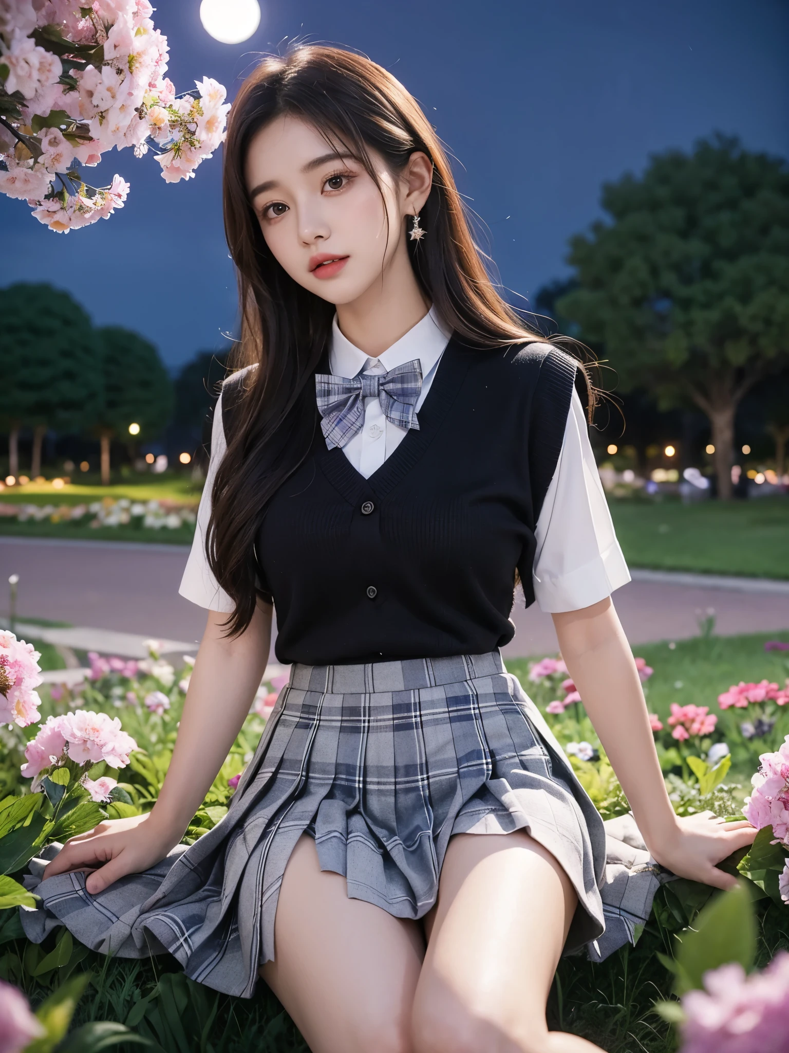 jk suit
plaid skirt
pleated skirt
shirt
bowtie (night), iridescence, In the park under the moonlight,A beautiful girl sitting among the flowers,Surrounded by blooming flowers and fluttering butterflies。Girl's cleavage is visible,The body leans back,Support your body with your elbows,Showing an elegant and seductive posture。She has a very beautiful、Well-proportioned legs,Anatomically correct。The girl's face is delicate,Bathed in the soft moonlight,The whole scene is filled with atmospheric lighting effects。Dramatic lighting creates a cinematic atmosphere。The bright smile on the girl's face adds a touch of fantasy。