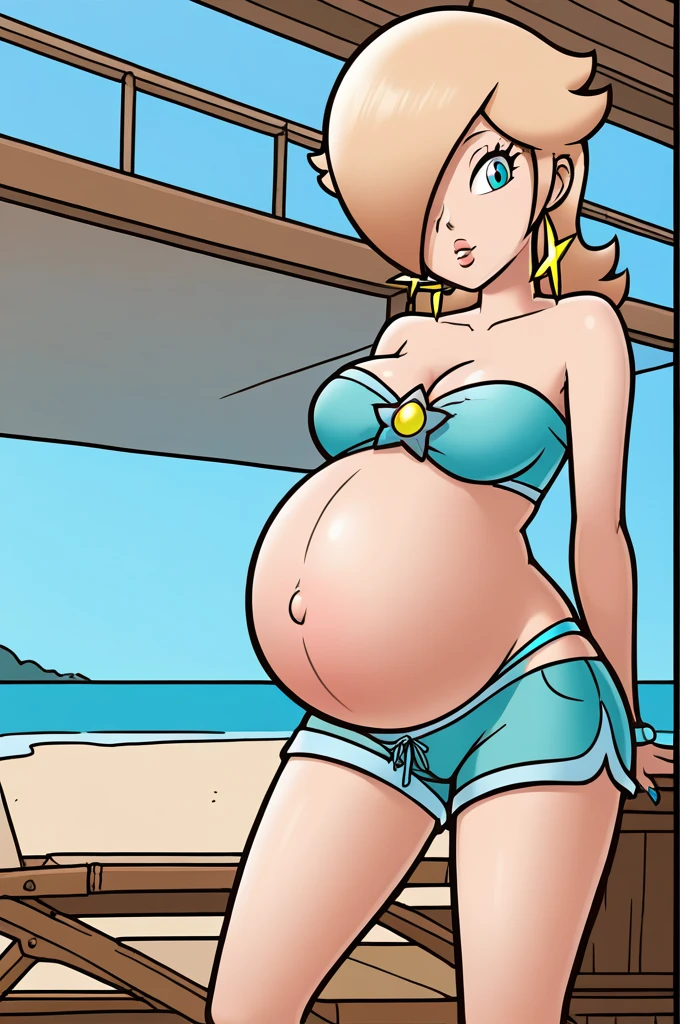 score_9, score_8_up, 1girl, solo, rosalina, style parody, thick outlines, bikini, shorts, pregnant belly, big belly, sleeveless, strapless, cleavage, indoors, beach, black nails, complete body, perfect, blue nails,