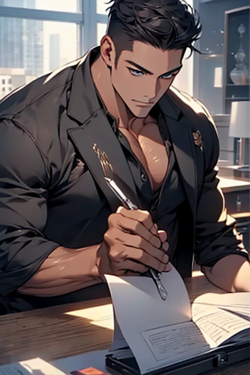 (Best Quality,4k,8k,high resolution,Masterpiece:1.2),ultra detailed,(realist,photorealist,photo-realist:1.37),1 man,31 years,mature man,very handsome,without expresion,muscled body,short gray black hair,Blue eyes,glare,perfect face without mistakes,imposing posture,businessman,office background,cinematic lighting,imagen HDR