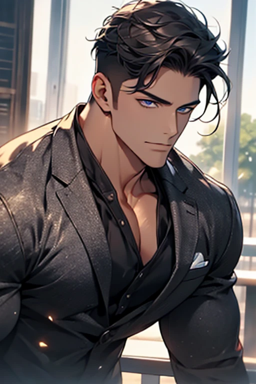 (Best Quality,4k,8k,high resolution,Masterpiece:1.2),ultra detailed,(realist,photorealist,photo-realist:1.37),1 man,31 years,mature man,very handsome,without expresion,muscled body,short gray black hair,Blue eyes,glare,perfect face without mistakes,imposing posture,businessman,office background,cinematic lighting,imagen HDR